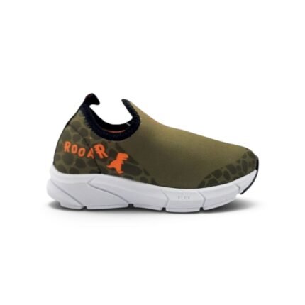 KIDY 041-0190 zapatilla deportiva de niño verde militar con estampa de dinosaurio naranja