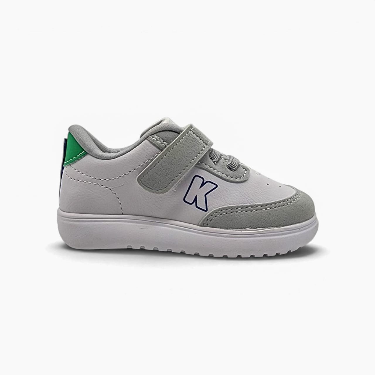 KIDY 469-0001 zapatilla urbana de niño blanca con gris y detalle verde