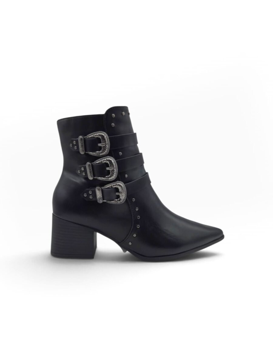Botineta RAMARIM 2559133 en negro con punta fina, tachas y hebillas western