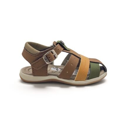 Sandalia franciscana Kidy 001-1038 camel con tiras mostaza y verde, vista de perfil