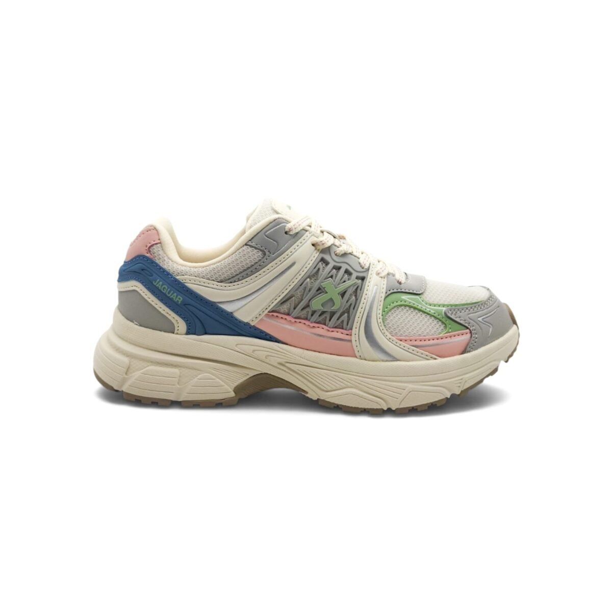 Zapatilla deportiva Jaguar 4355 beige con detalles rosa, verde y azul para mujer